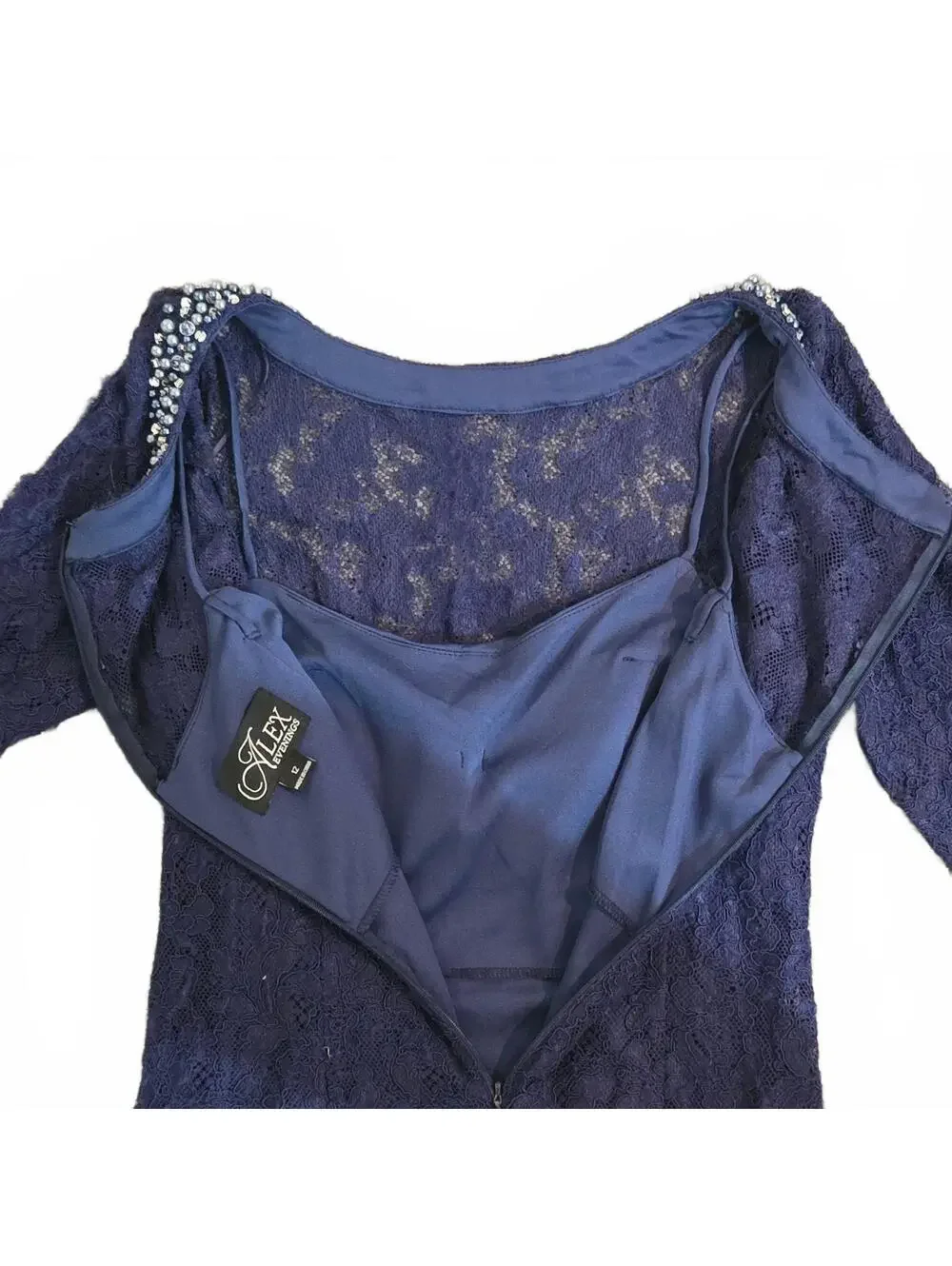 Alex Evenings Navy Blue Lace Embellished Neckline Cocktail Dress Size 12